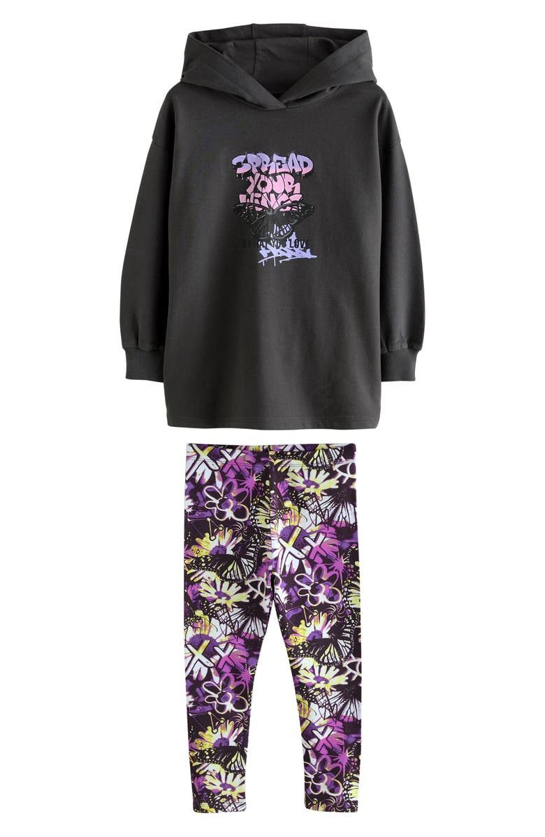 NEXT Kids' Cotton Graphic Hoodie & Print Leggings Set, Main, color, Multi Black