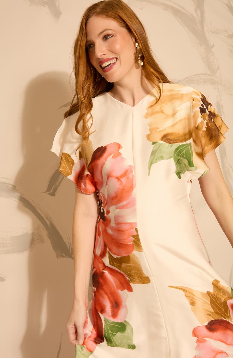 Maggy London Floral Print Flutter Sleeve Midi Dress, Alternate, color, Ivory/ Persimmon