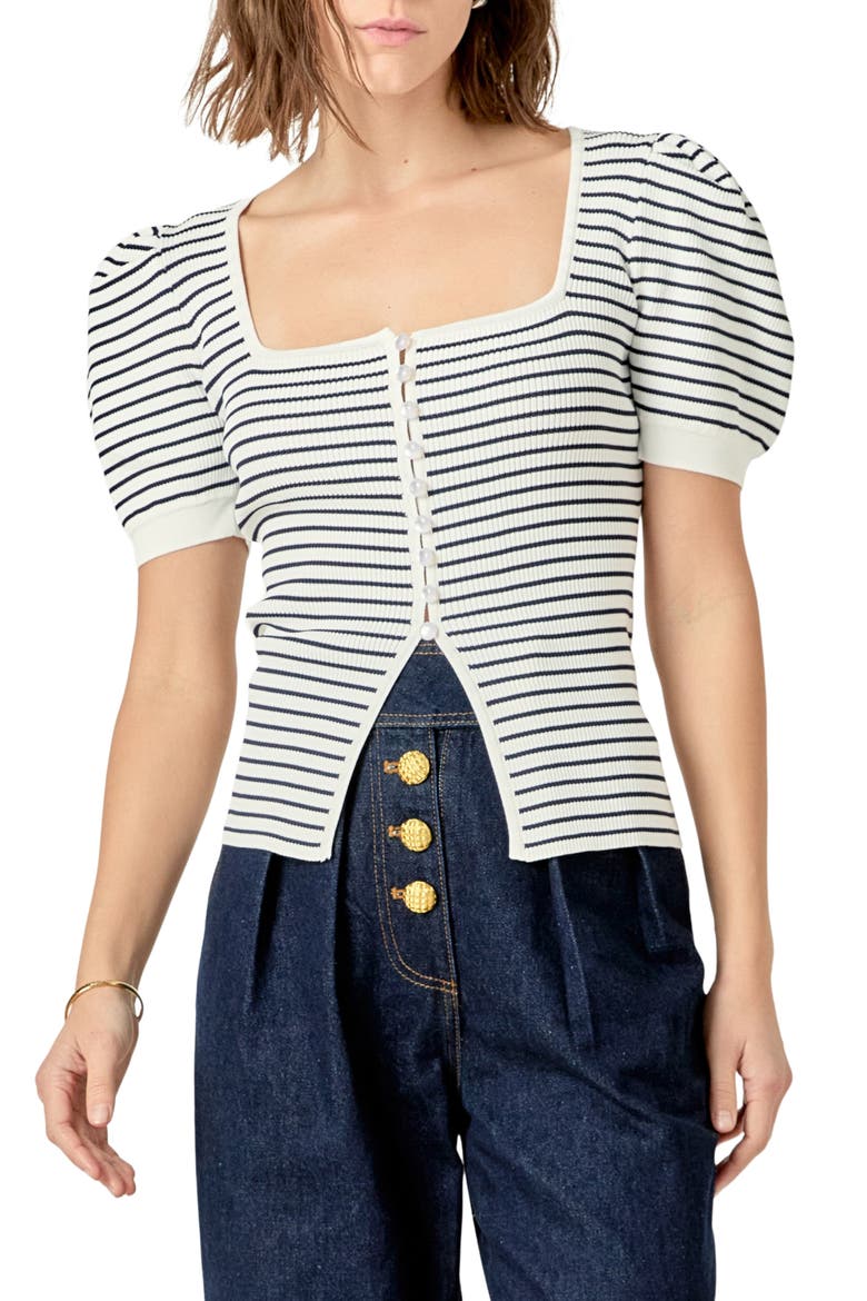 Square Neck Stripe Button Front Shirt, Main, color, NAVY/ WHITE