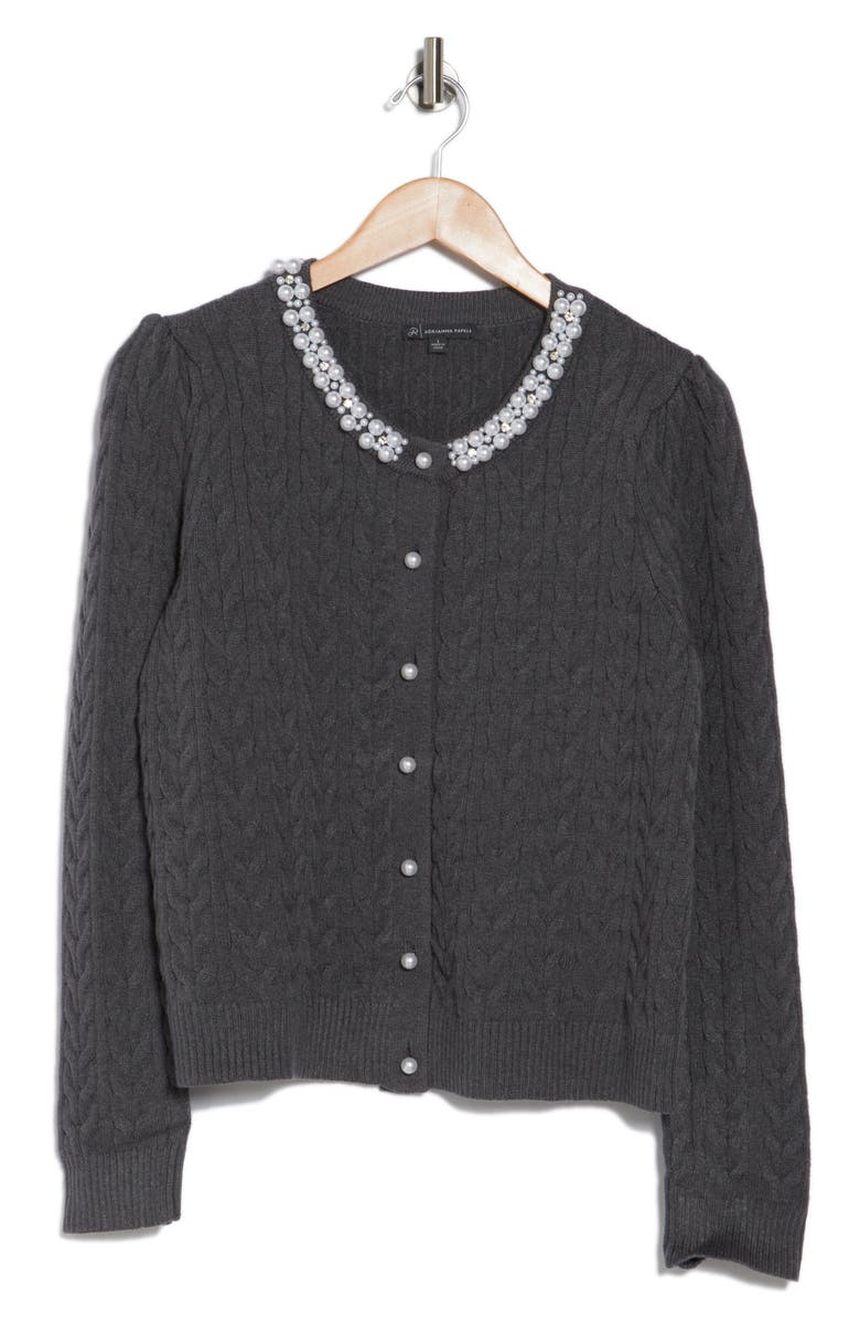 Adrianna Papell Faux Pearl Adorned Cable Knit Sweater, Main, color,