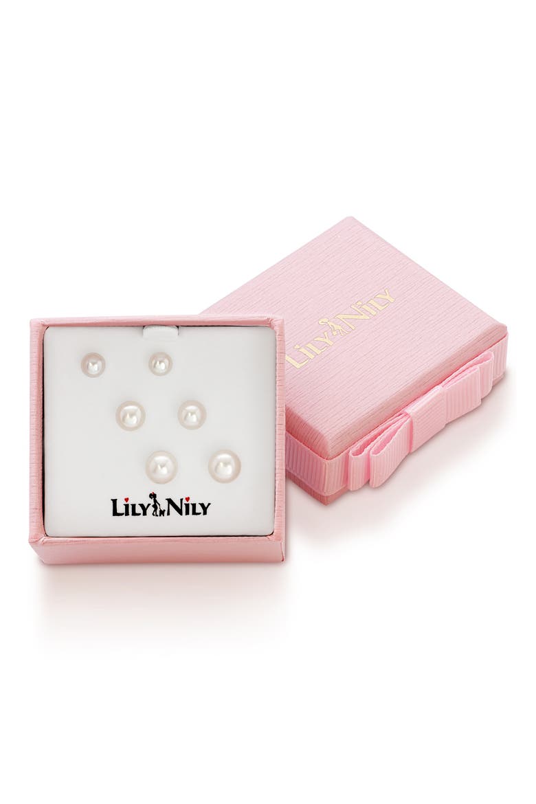 3-Pair Pearl Stud Earrings, Alternate, color, SILVER