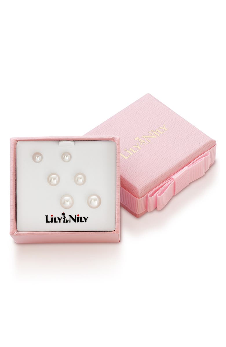 Lily Nily 3-Pair Pearl Stud Earrings, Alternate, color, Silver