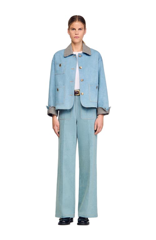 Sandro Plaid Collar Denim Jacket In Blue