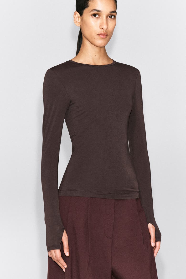 Cotton Long-sleeved Top, Alternate, color, DARK BROWN