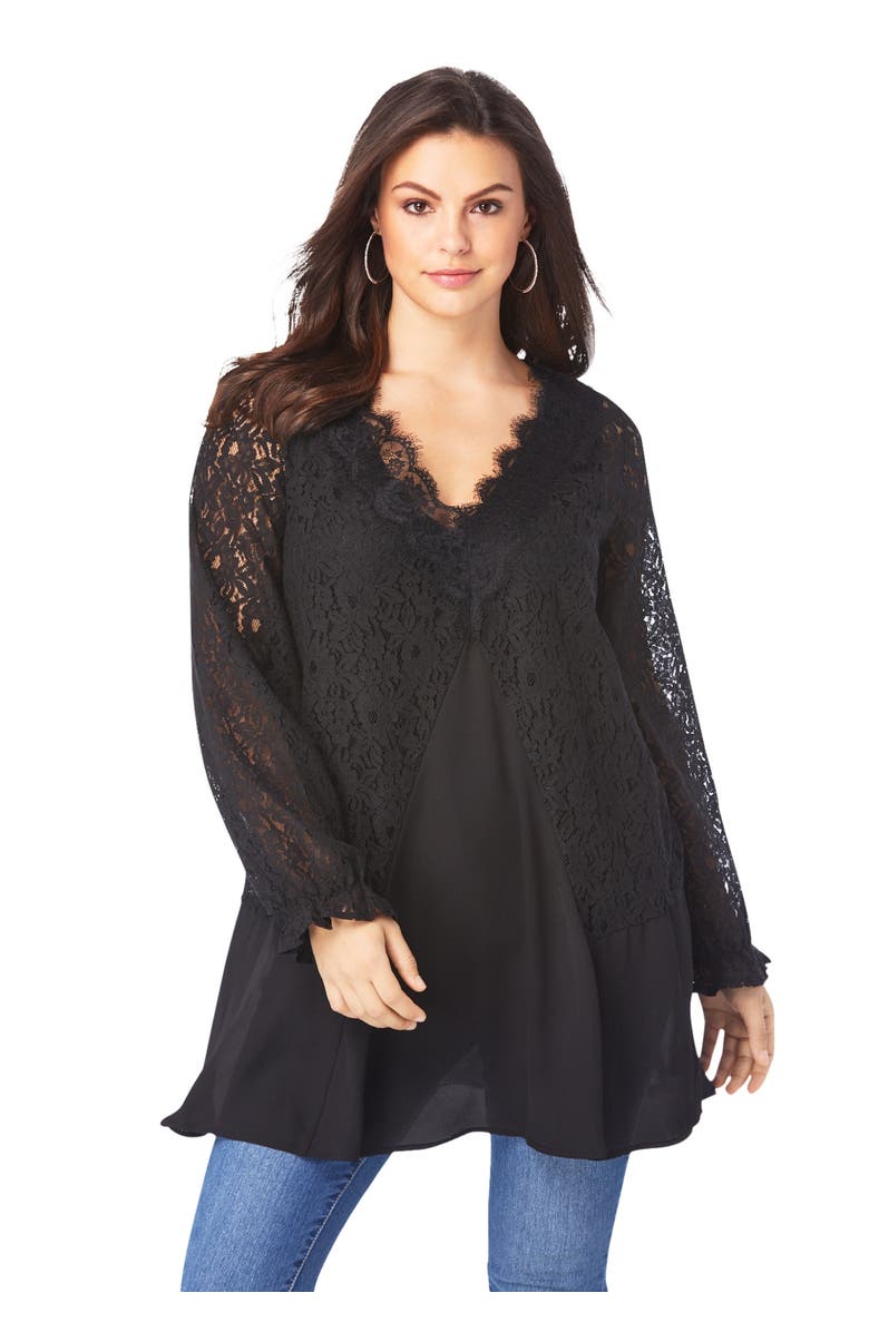 Roaman's Lace & Georgette Swing Tunic, Main, color, Black