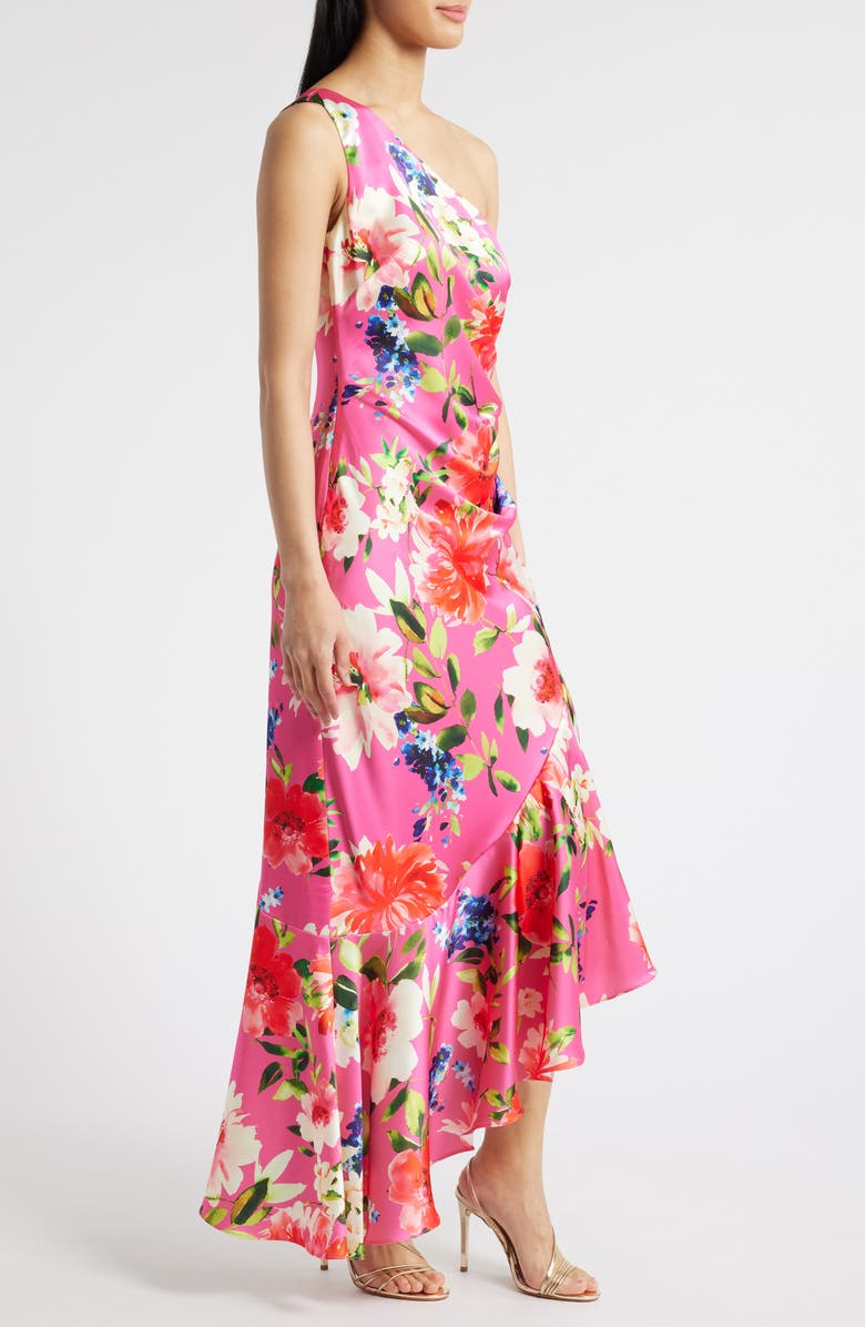 Eliza J One Shoulder Floral Asymmetric Satin Cocktail Dress, Alternate, color, Hot Pink