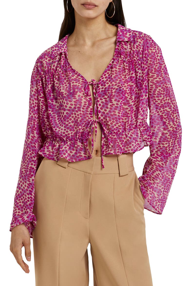 Dot Print Tie Blouse, Main, color, BRIGHT PINK