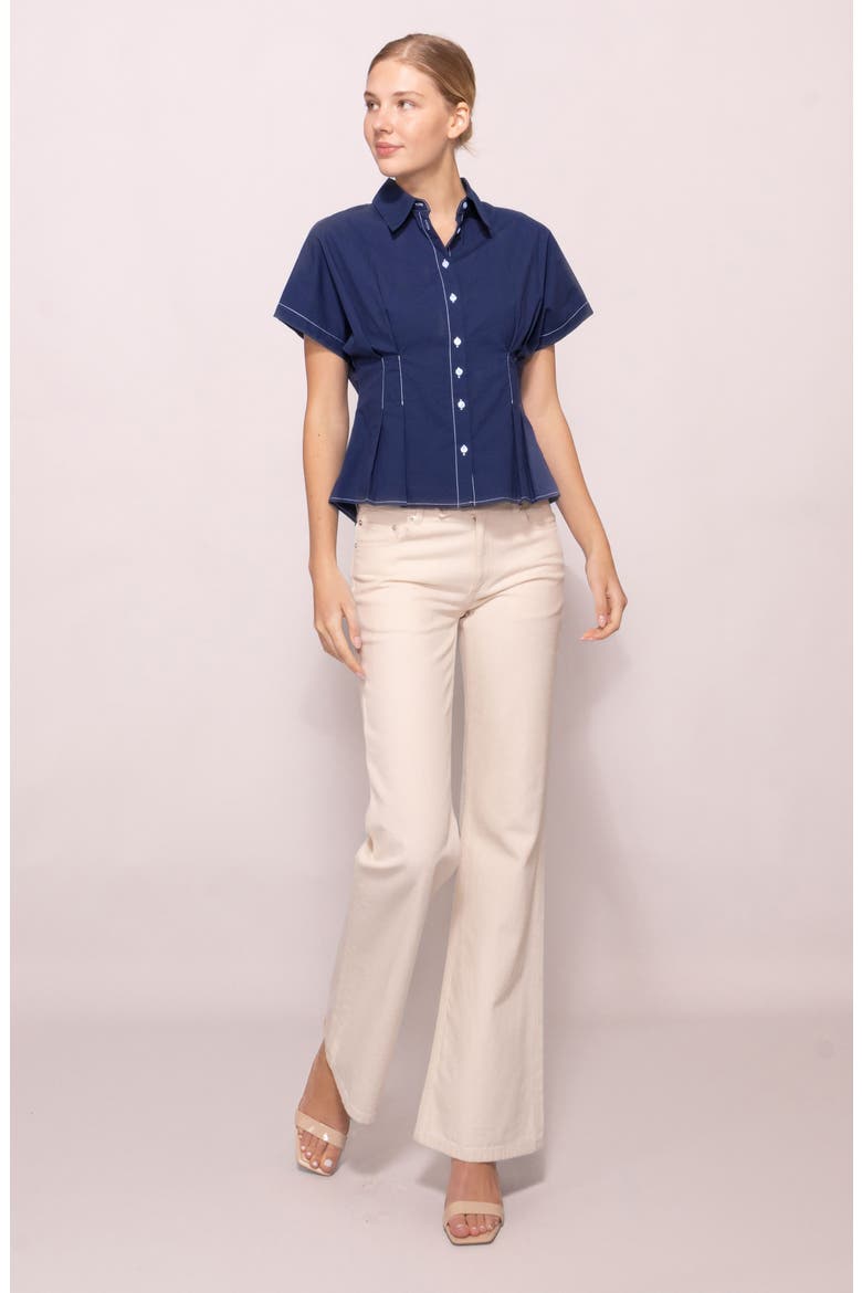 Godet Short Sleeve Button-Up Shirt, Alternate, color, NAVY