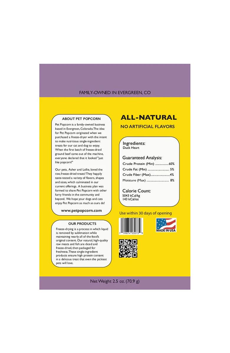 Pet Popcorn Freeze Dried Raw Treats, Duck Heart, 2.5oz Bag, Dog & Cat Snacks, Alternate, color, Multicolored