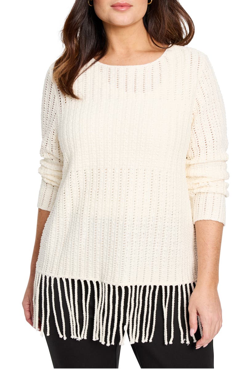 NIC+ZOE Beach Walk Open Stitch Fringe Sweater, Main, color, Classic Cream
