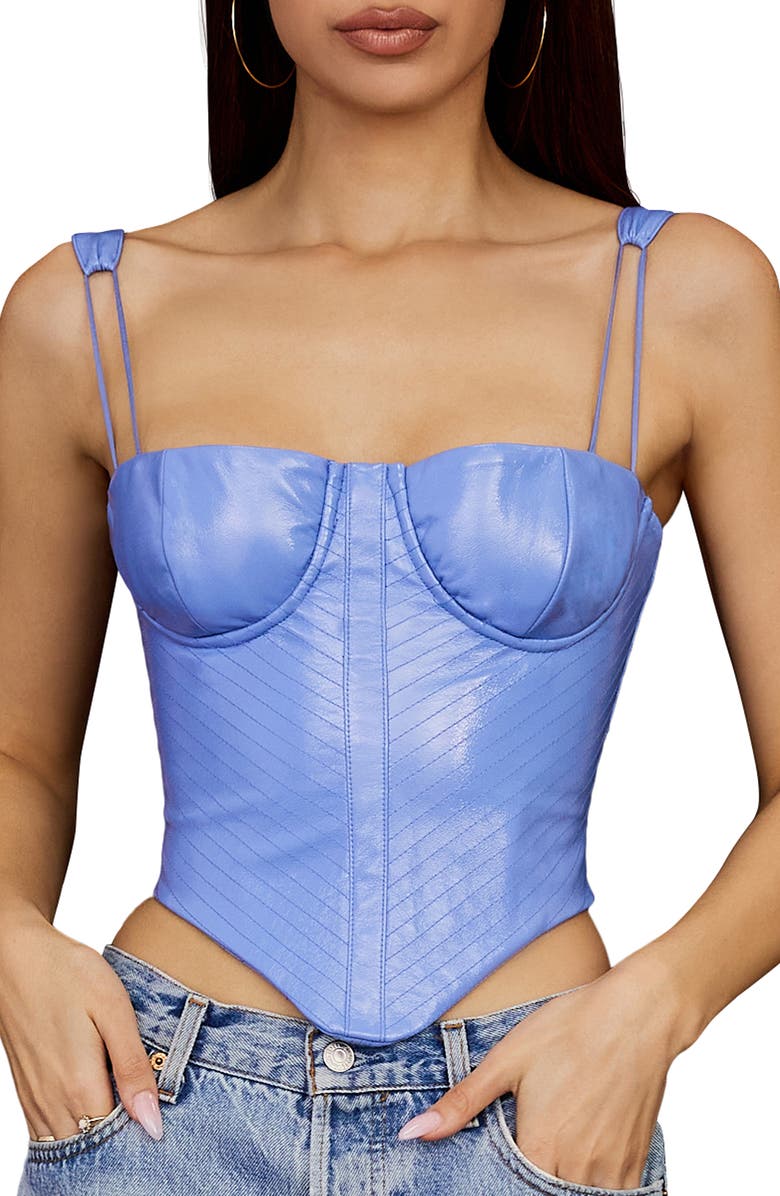 HOUSE OF CB Underwire Faux Leather Corset Top, Main, color, Cornflower Blue