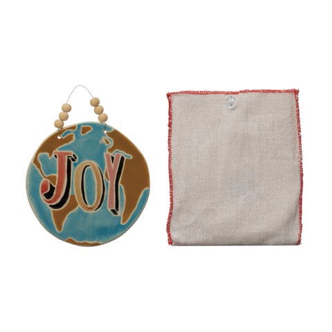 Stoneware Ornament with Wax Relief in Linen Bag, Multicolor