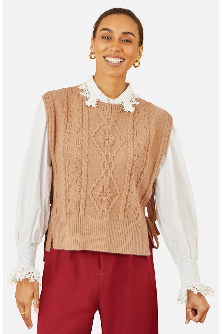 Floral Cable Knit Side Tie Pullover, Main, color, Camel