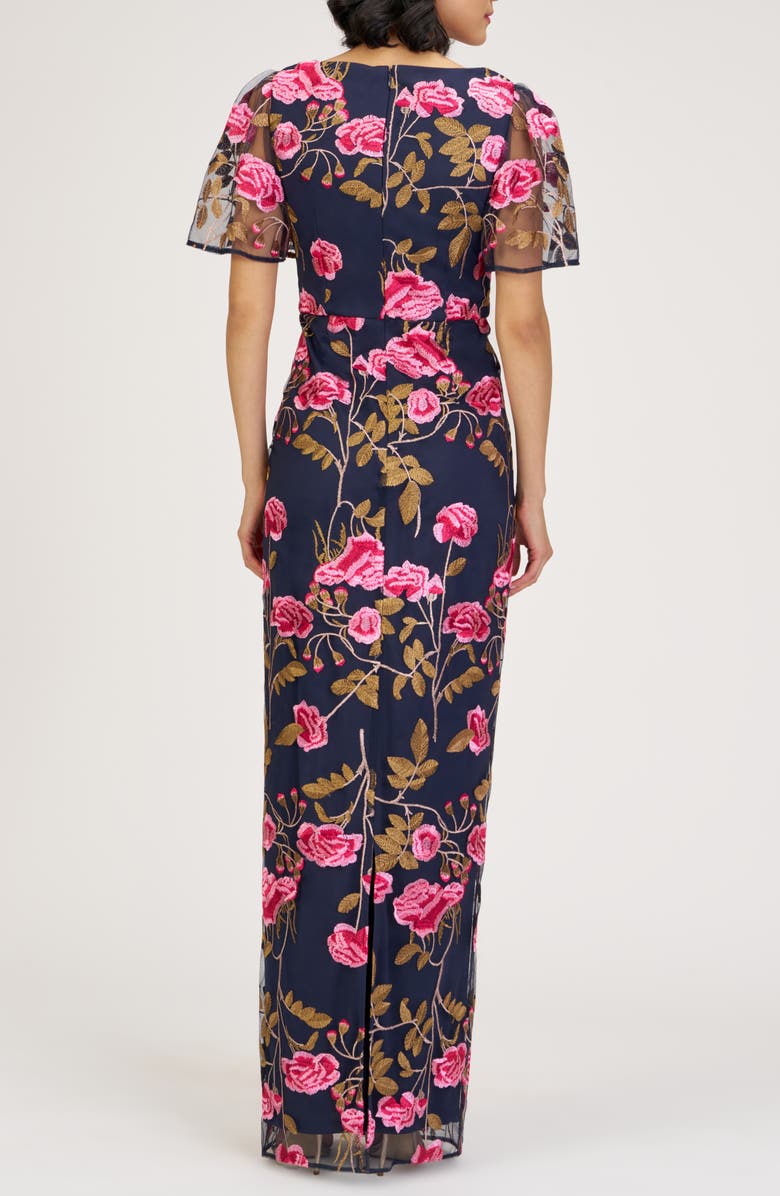 JS Collections Kristine Floral Embroidery Column Gown, Alternate, color, Navy Multi