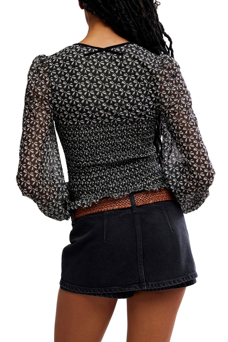 Dottie Bow Print Sheer Sleeve Smocked Top, Alternate, color, BLACK COMBO
