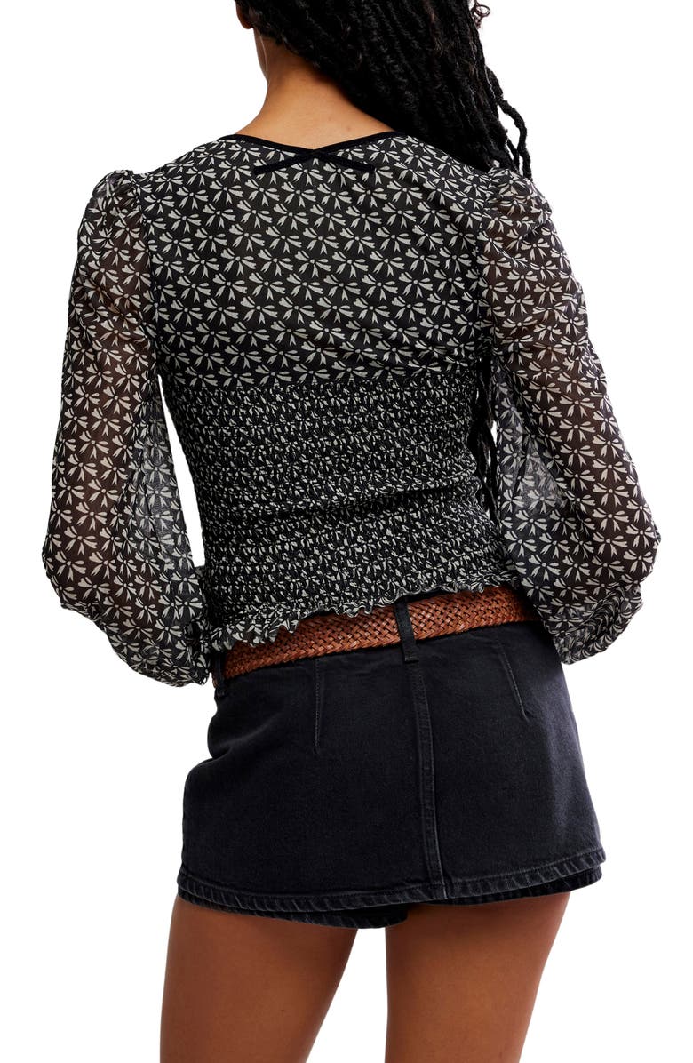 Free People Dottie Bow Print Sheer Sleeve Smocked Top, Alternate, color, Black Combo