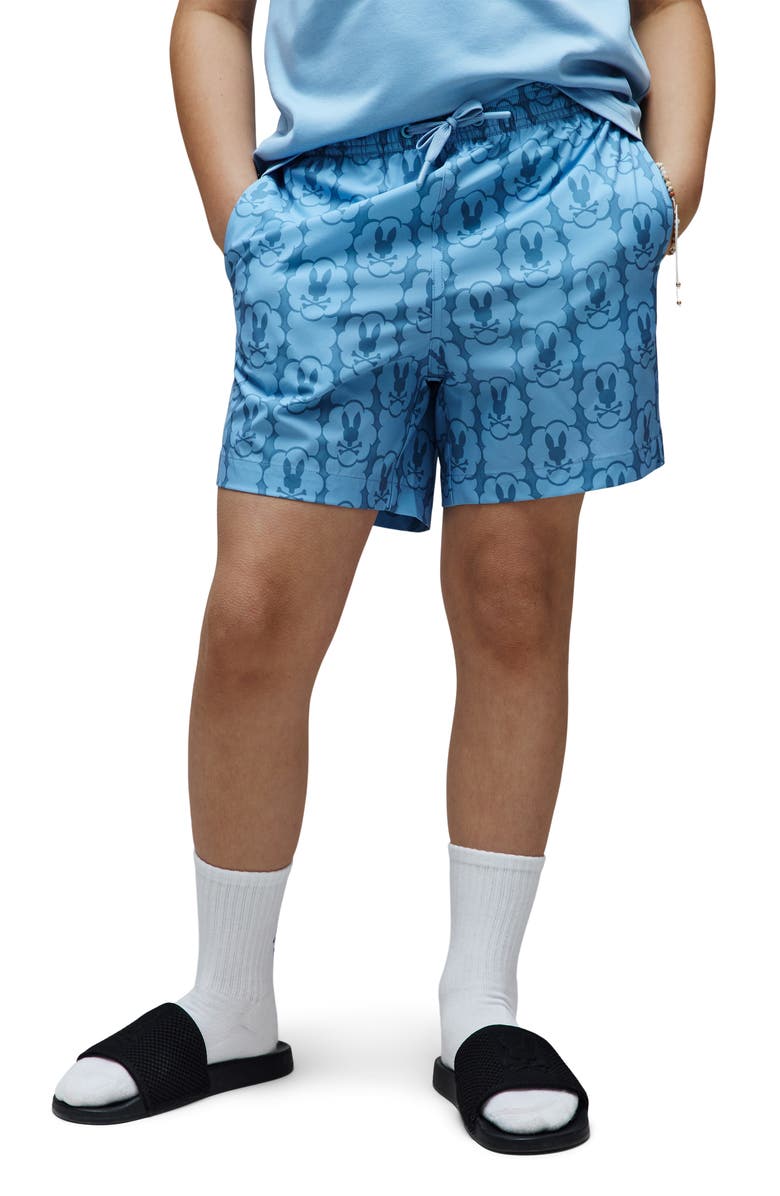 Psycho Bunny Kids' Toby Bunny Print Swim Trunks, Alternate, color, Glacier Lake