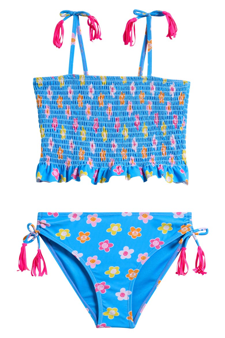 Kids' Floral Ruffle Smocked Two-Piece Swimsuit, Main, color, BLUE