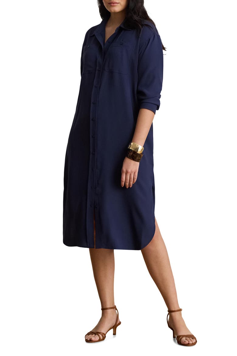 Long Sleeve Double Faced Georgette Shirtdress, Main, color, REFINED NAVY BLUE