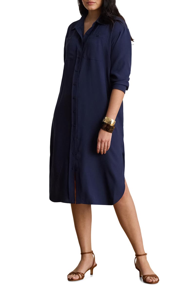 Lauren Ralph Lauren Long Sleeve Double Faced Georgette Shirtdress, Main, color, Refined Navy Blue