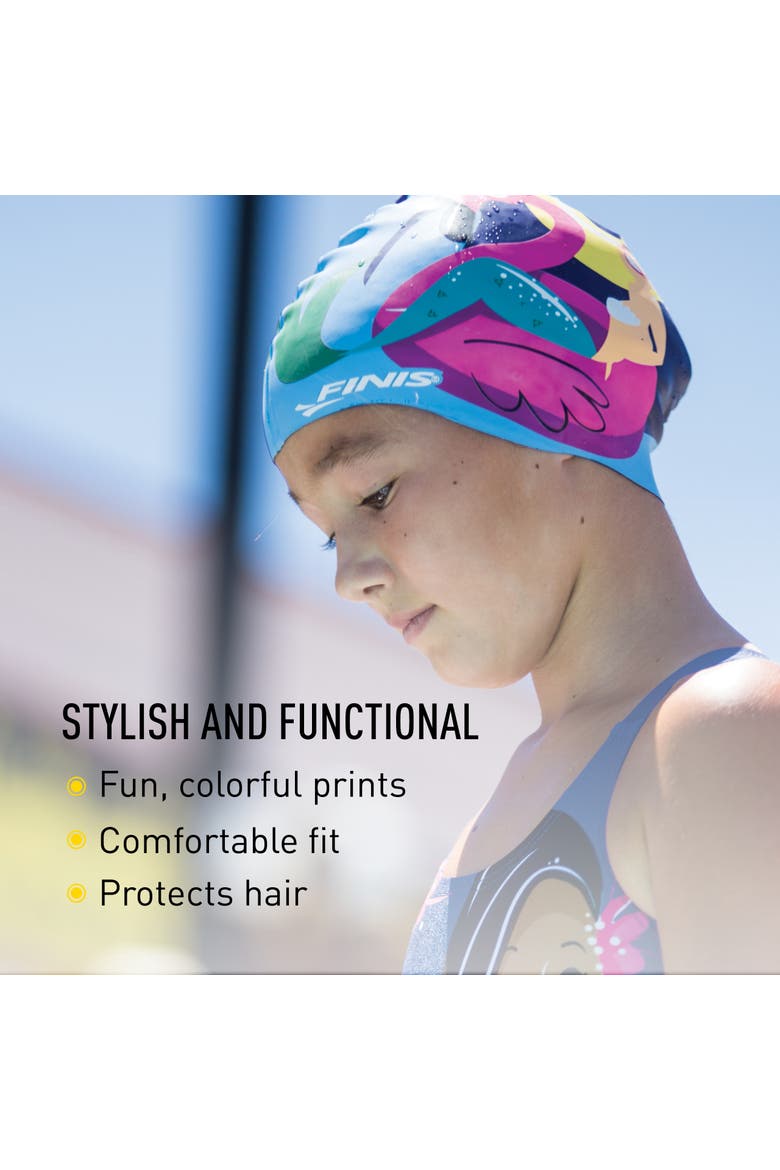 Mermaid Kids Swim Cap 100% Silicone Fun Prints Universal Fit Chlorine Protection, Alternate, color, Blue