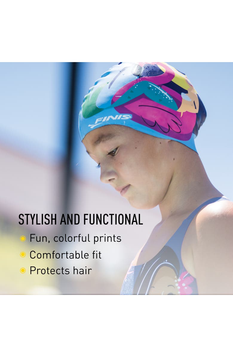 FINIS Mermaid Kids Swim Cap 100% Silicone Fun Prints Universal Fit Chlorine Protection, Alternate, color, Blue