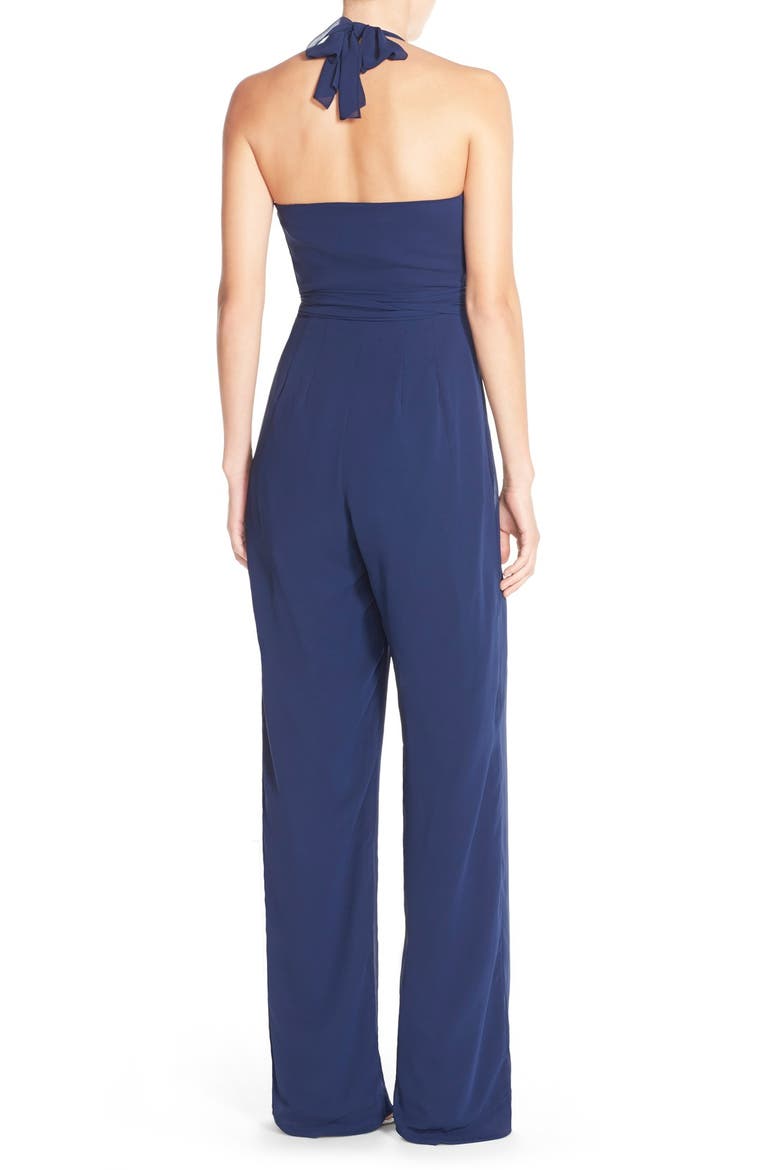 August Scarlette Faux Wrap Chiffon Halter Jumpsuit, Alternate, color, TANGLED UP IN BLUE