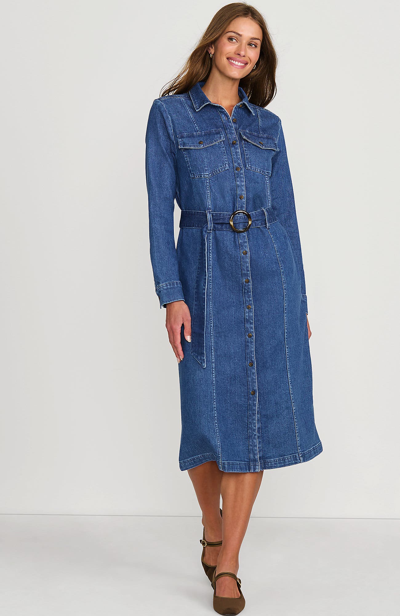 long denim shirt dress with sleeves Lands' End Women's Light Weight Denim Long Sleeve Button Front Shirt Dress