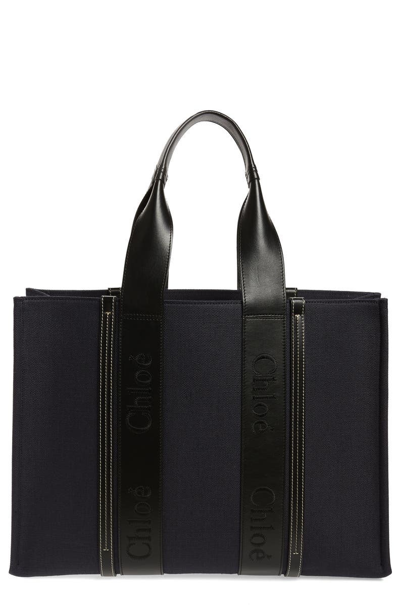 Chloé Large Woody Linen Canvas & Leather Tote, Main, color,