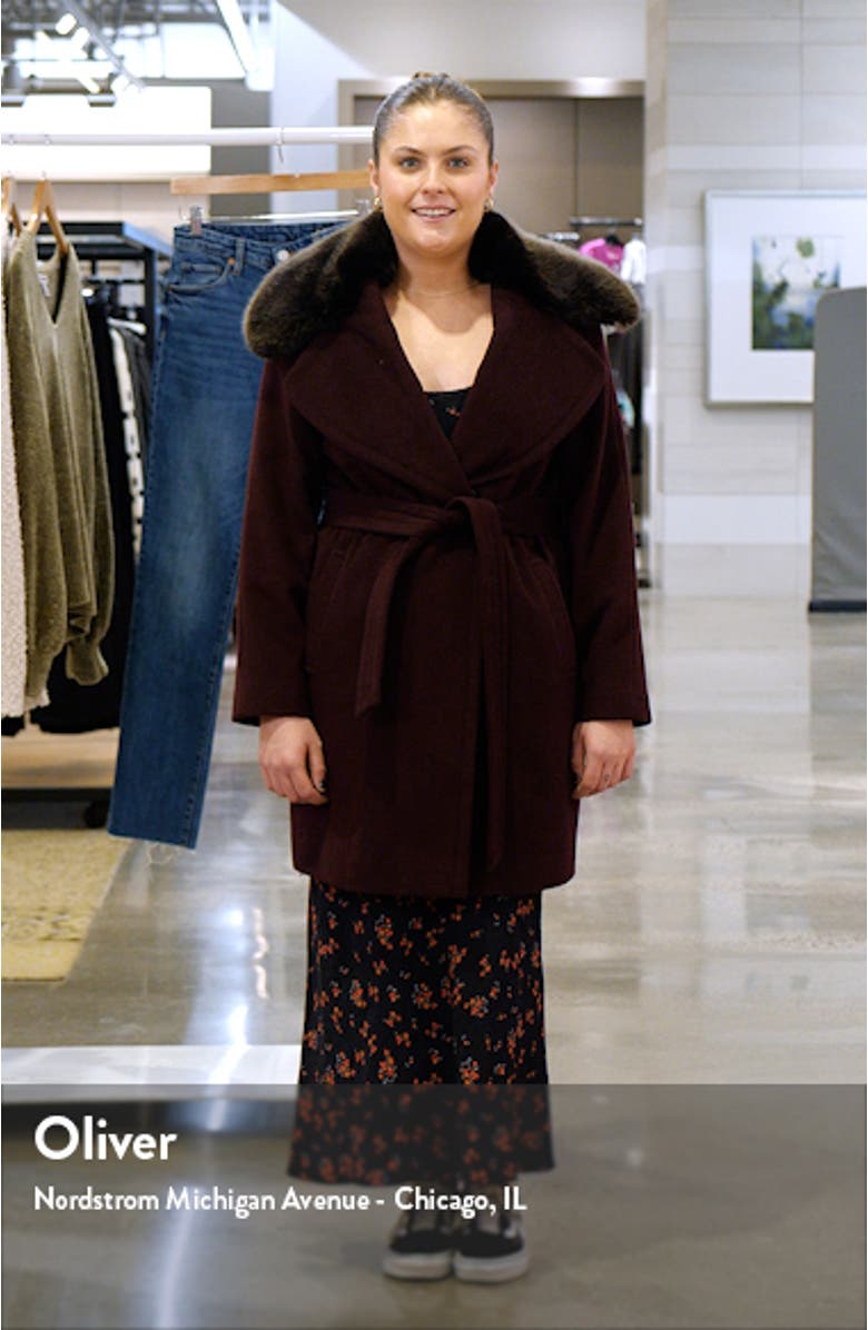 Belted Wool Blend Wrap Coat with Faux Fur Collar, sales video thumbnail