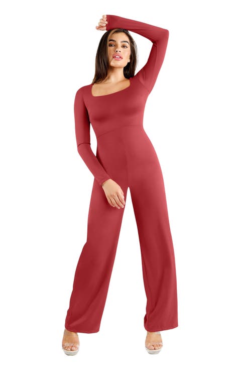 Shapewear Long Sleeve Square Neck Slimming Wide Leg Jumpsuit