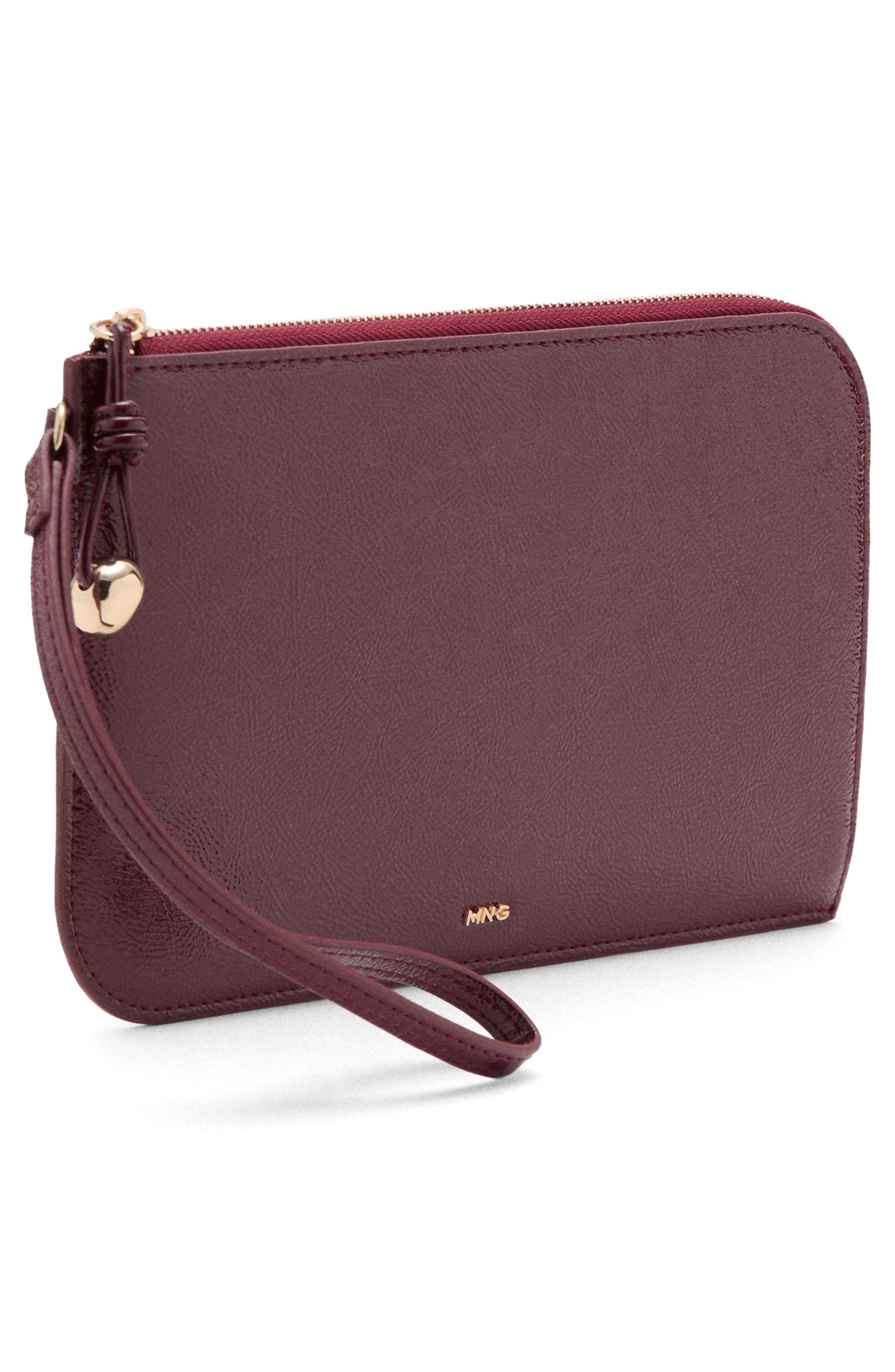 MANGO Mini Beaded Faux Leather Pochette Wristlet, Alternate, color, Burgundy