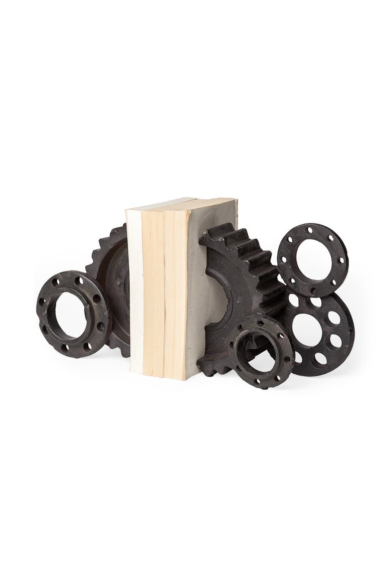 Cogsworth Set of 2 Resin Industrial Gear Bookends, Main, color, Brown