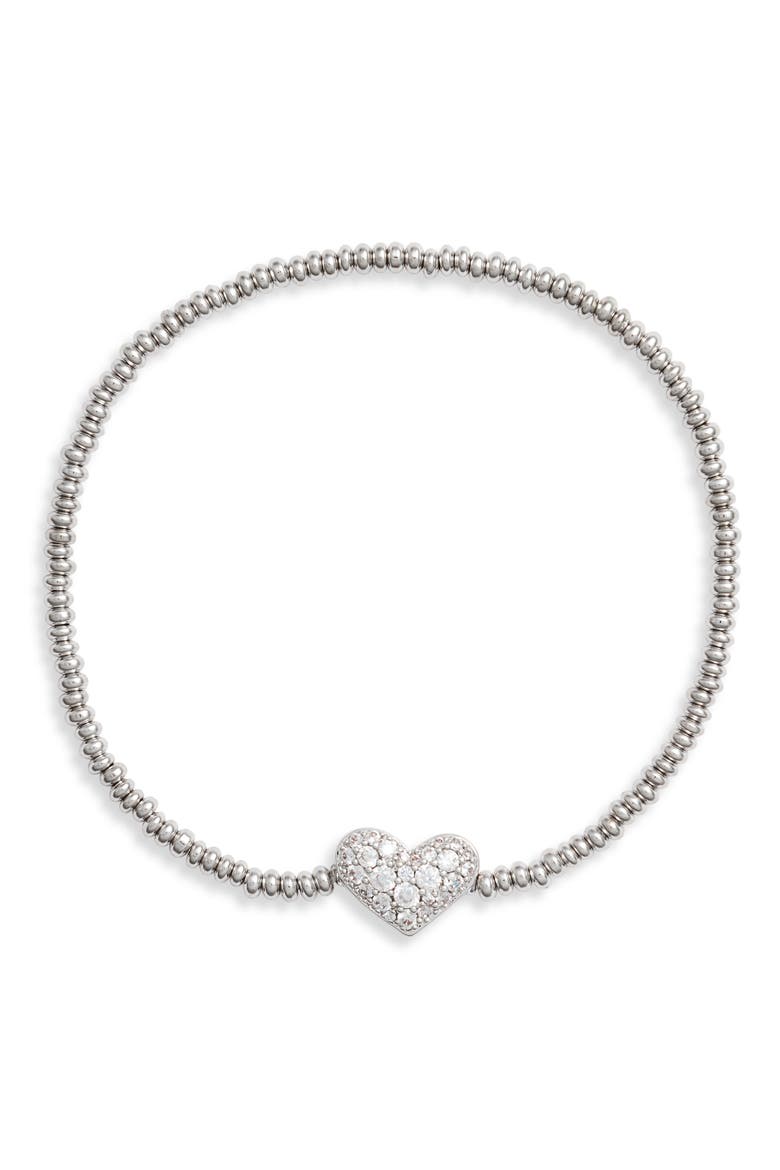 Ari Pavé Heart Beaded Stretch Bracelet, Main, color, RHODIUM WHITE CRYSTAL