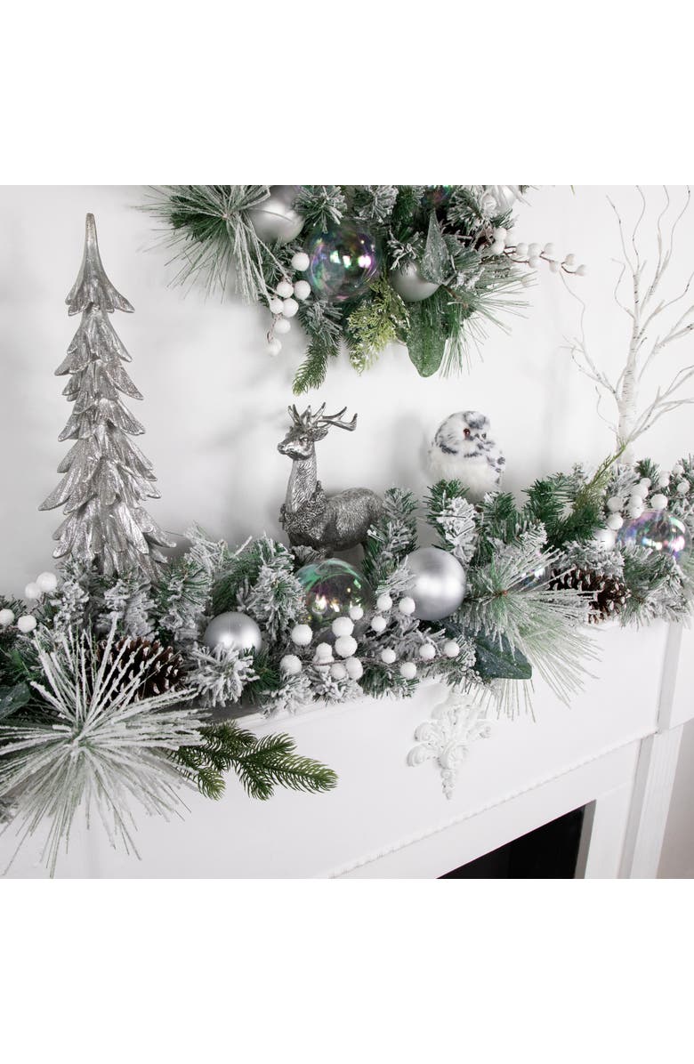 Northlight 6' Flocked Pine Artificial Christmas Garland with Iridescent Ornaments, Unlit, Alternate, color, White