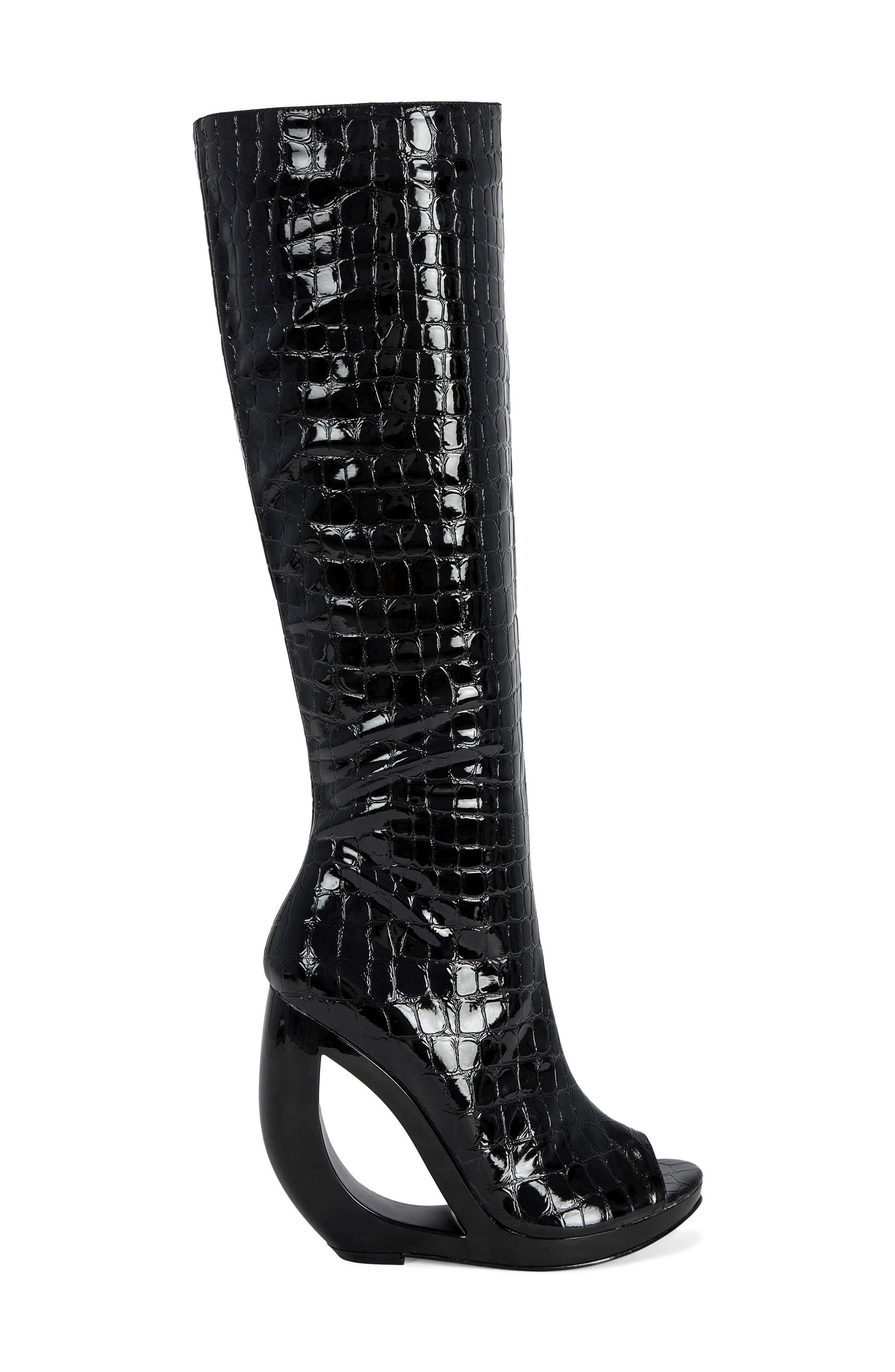 Camilla Croc Embossed Peep Toe Bootie, Alternate, color, BLACK