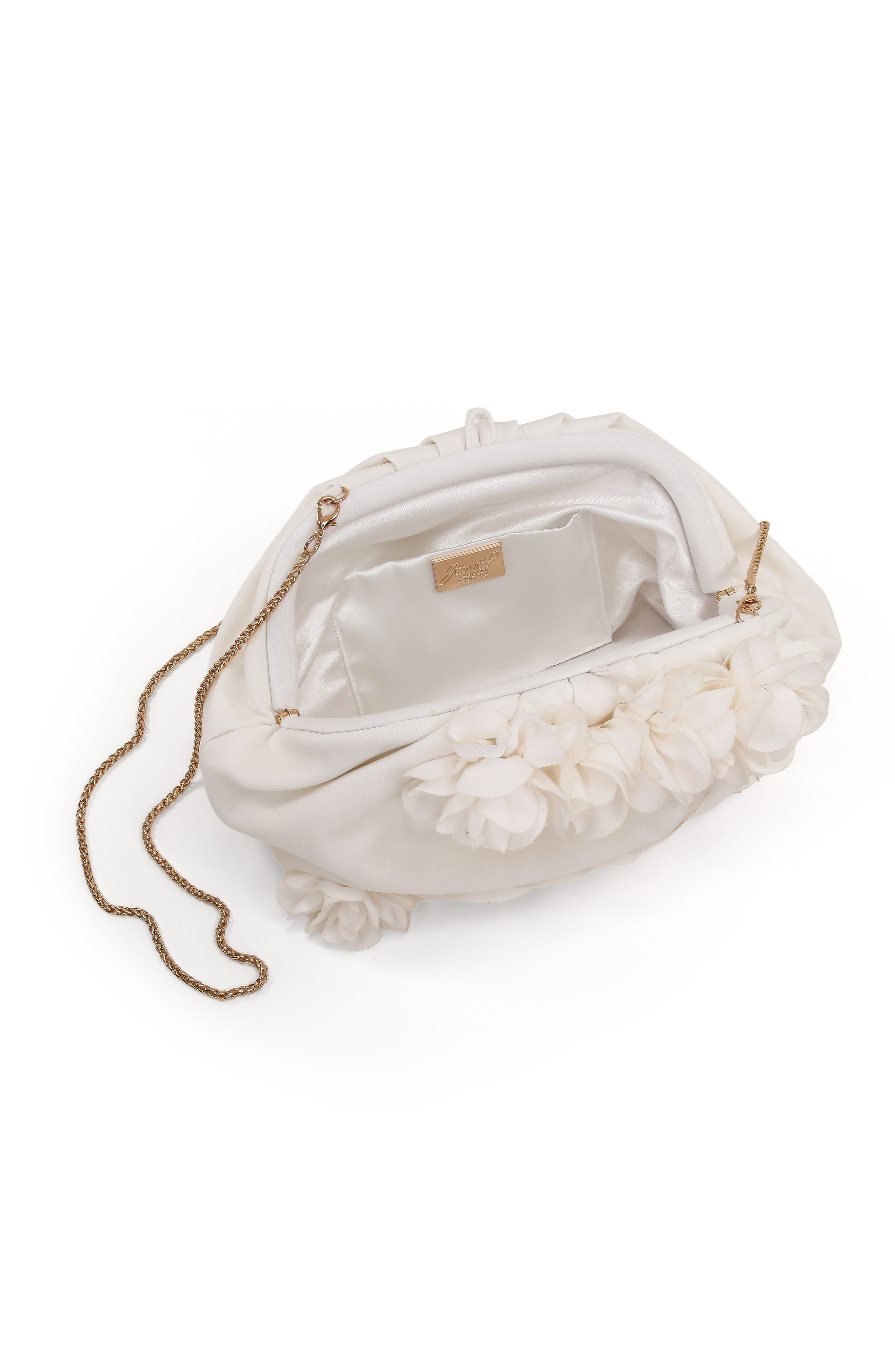 Jewel Badgley Mischka Violet Jacquard Satin Floral Applique Pouch Clutch, Alternate, color, Soft White