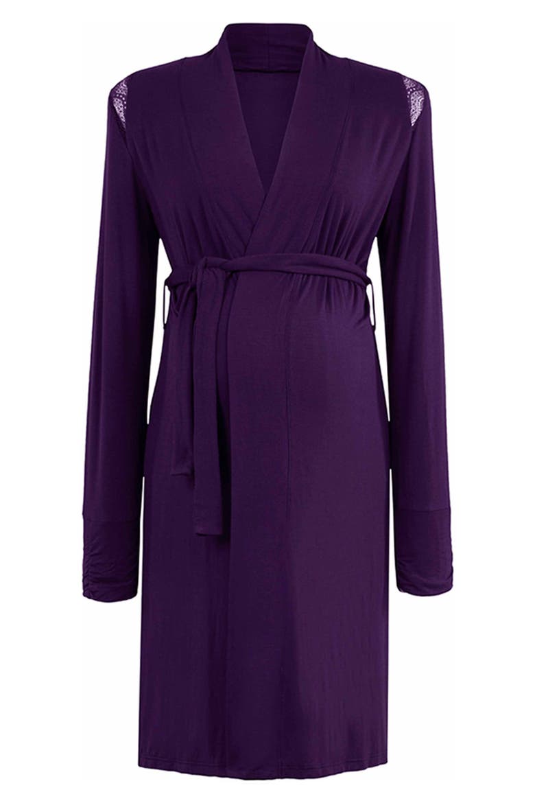 Serenity Lace Trim Maternity Robe, Alternate, color, BLUEBERRY