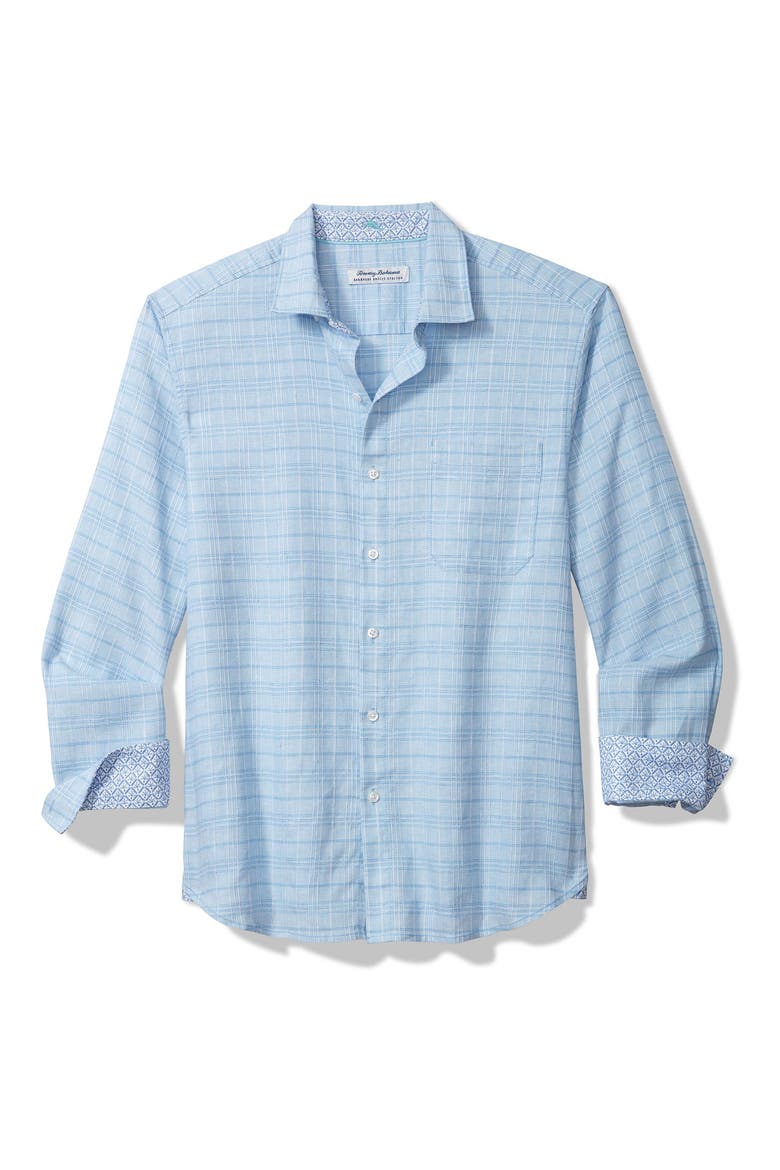Barbados Breeze Playa Plaid Stretch Linen Blend Button-Up Shirt, Main, color, AQUA ICE