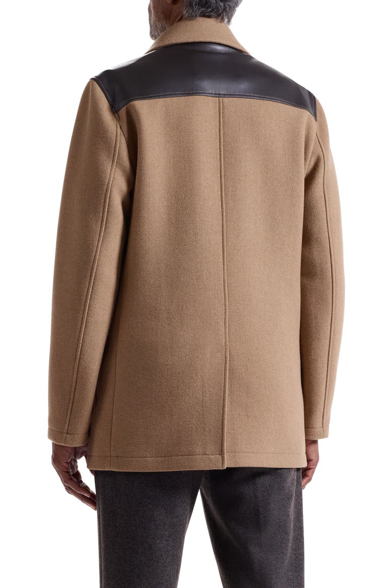 Leather Trim Wool Blend Tweed Peacoat, Alternate, color, CAMEL