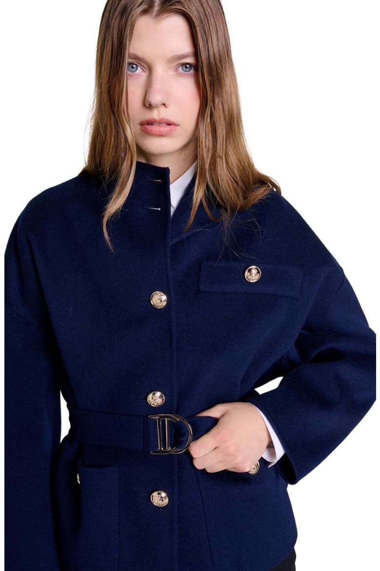 Belted short wool coat, Alternate, color, Navy