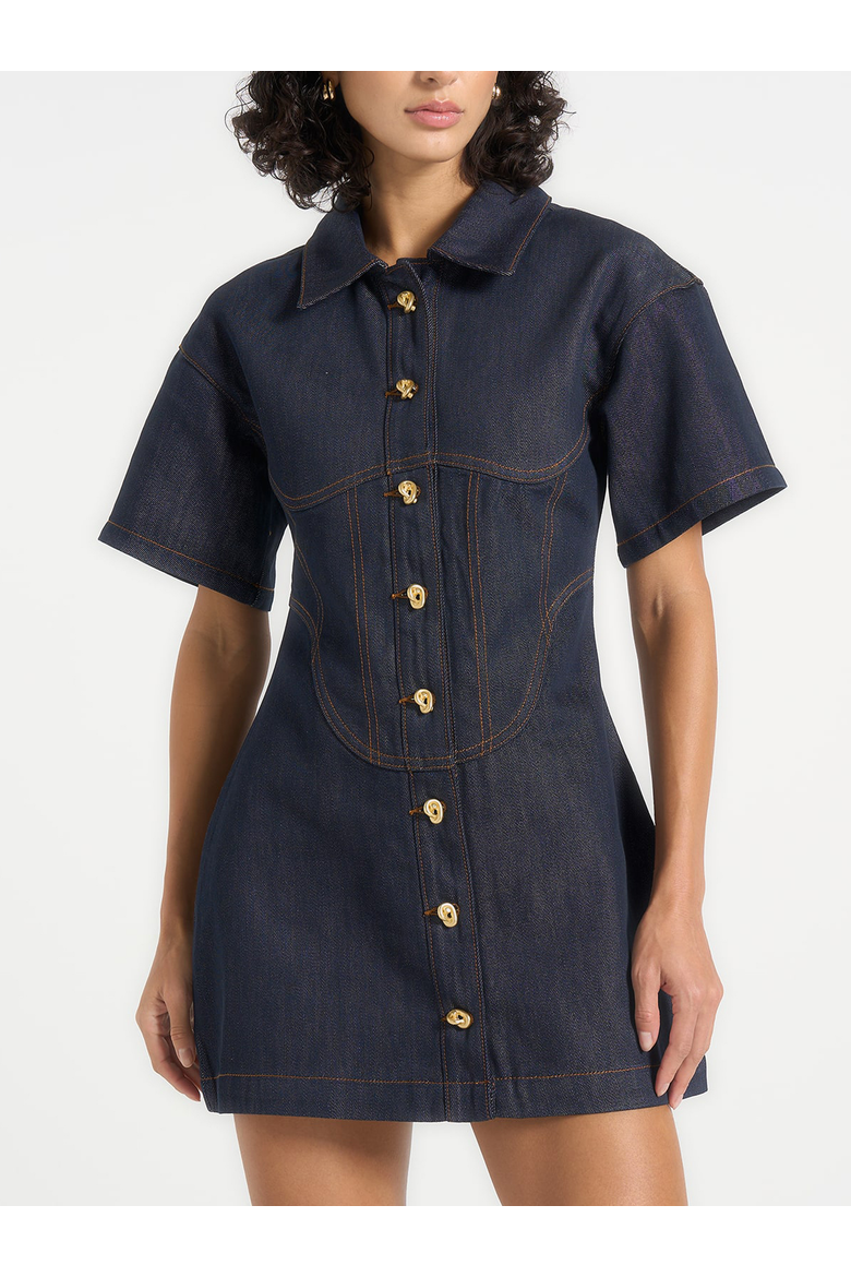 Mathilde Corset Contrast Stitch Denim Dress, Alternate, color, Indigo