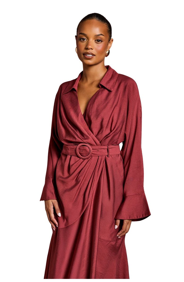 Coast Petite Long Sleeve Belted Wrap Dress, Alternate, color, Burgundy