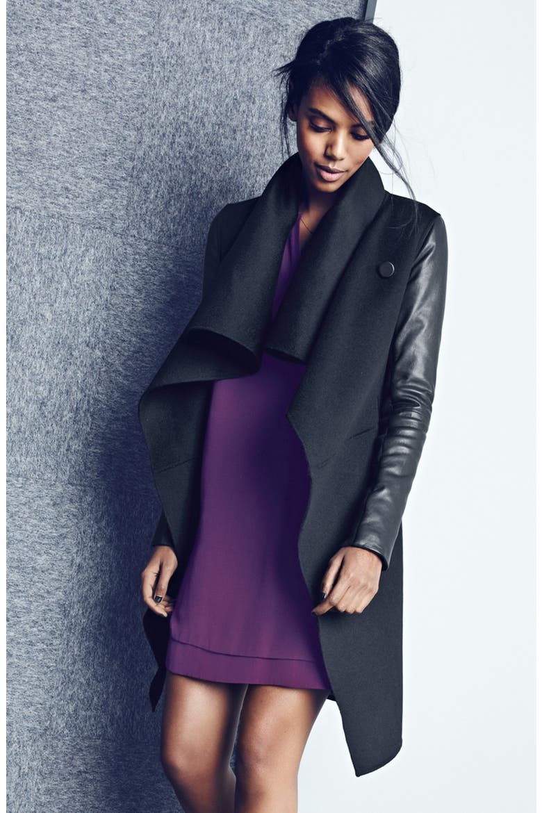 Wool Blend Coat with Leather Sleeves, Alternate, color, BLACK