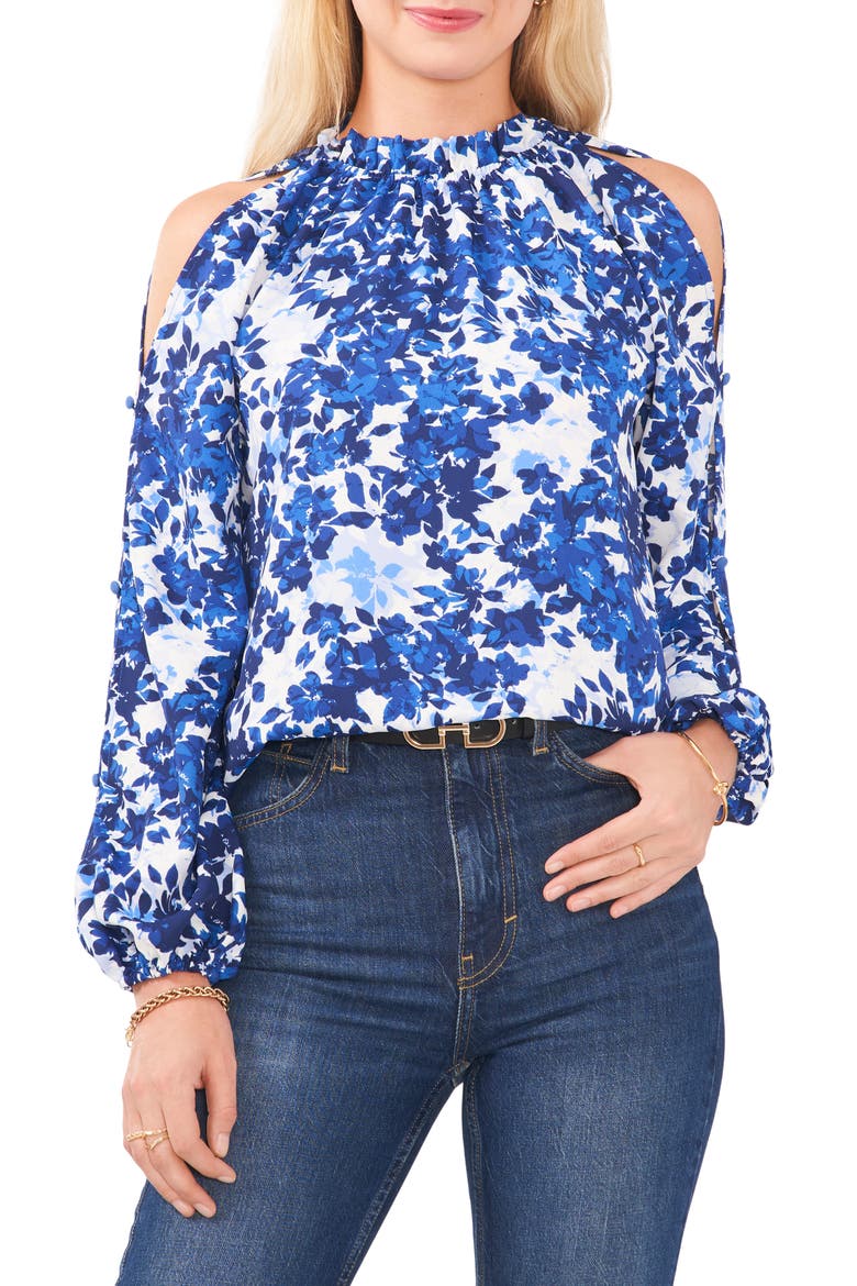 Floral Print Split Sleeve Blouse, Main, color, OPULENT BLUE