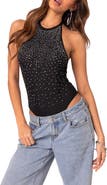 EDIKTED Rhinestone Mesh Halter Bodysuit