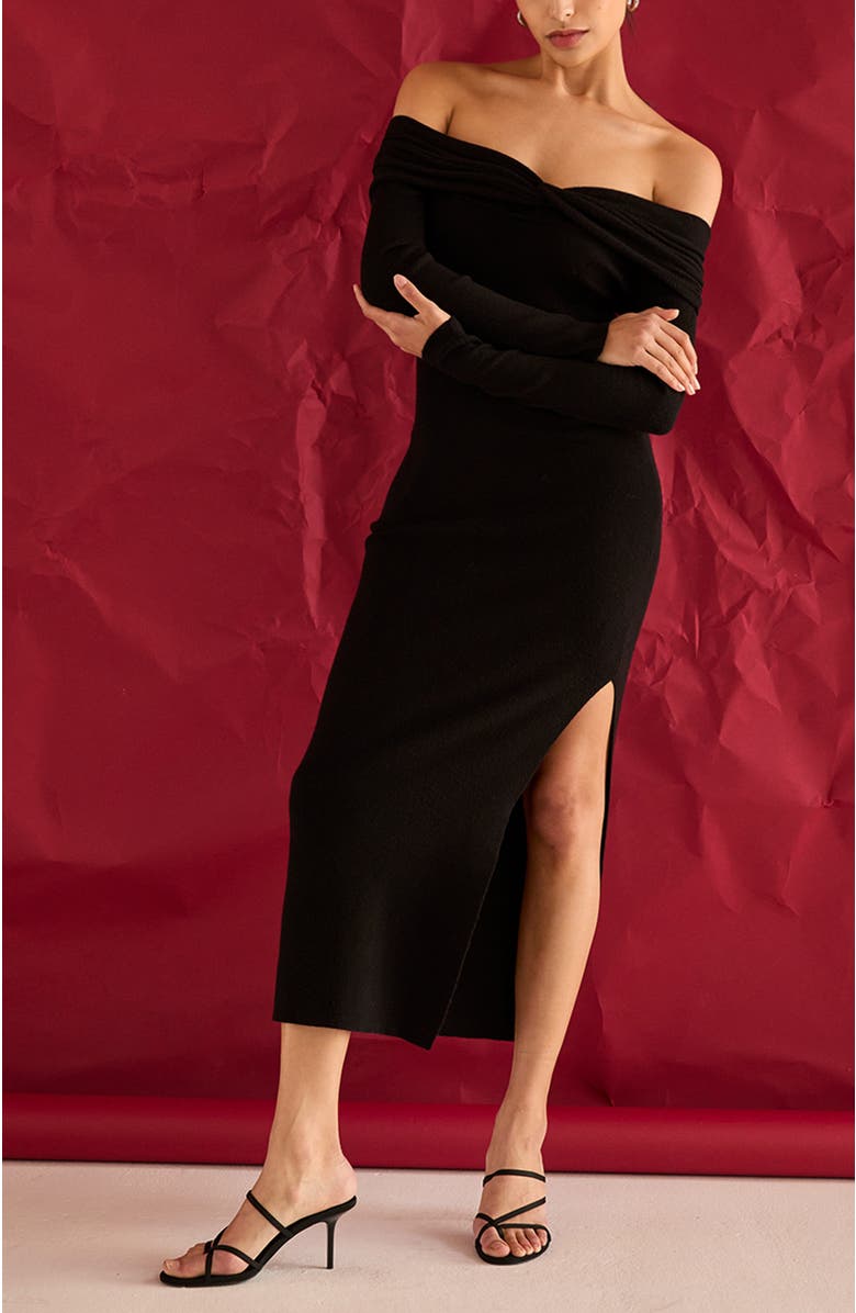 CRESCENT Off Shoulder Sweater Dress, Alternate, color, Black