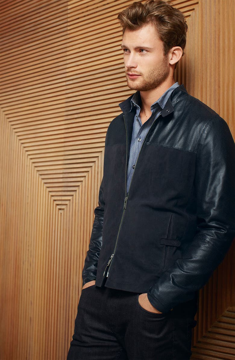 Emporio Armani Armani Collezioni Perforated Lambskin Leather Jacket, Alternate, color, 