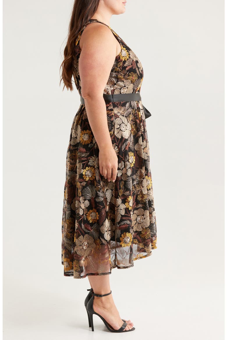 Embroidered Tie Waist Midi Dress, Alternate, color, BROWN GOLD