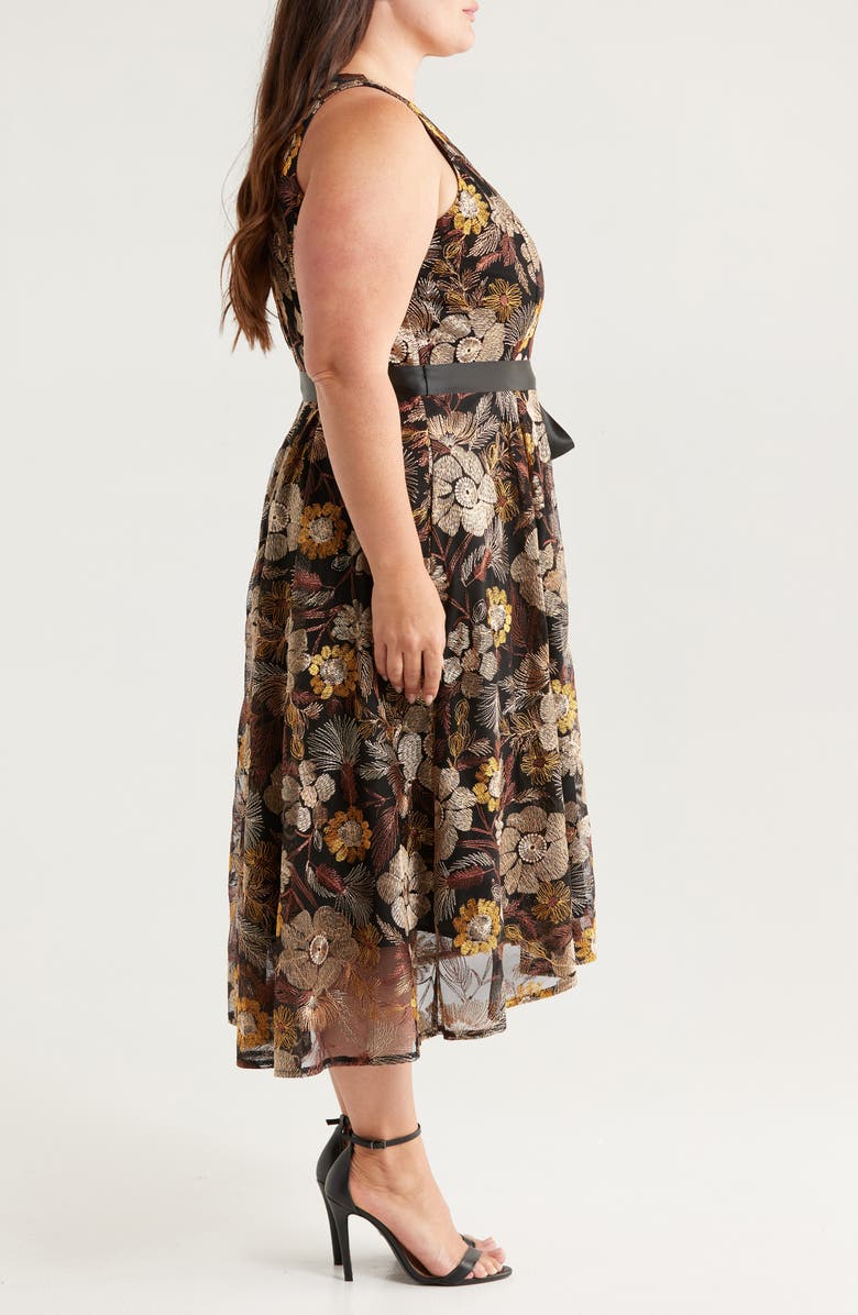 Tahari ASL Embroidered Tie Waist Midi Dress, Alternate, color, Brown Gold